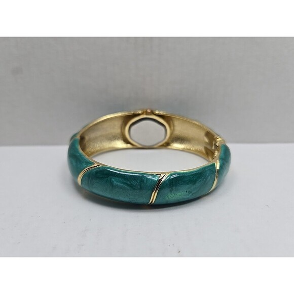 Floral Cloisonne Style Hinged Bangle Watch Green Enamel Gold Tone New Battery - Picture 8 of 12